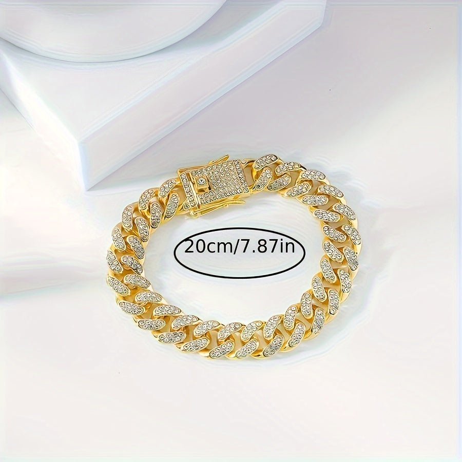 Herrenarmband | Cuban Link | Vollständig mit Strass besetzt | Goldfarbene Zinklegierung