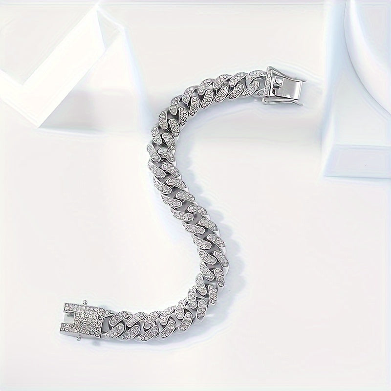 Herrenarmband | Cuban Link | Vollständig mit Strass besetzt | Goldfarbene Zinklegierung