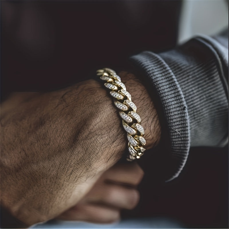 Herrenarmband | Cuban Link | Vollständig mit Strass besetzt | Goldfarbene Zinklegierung