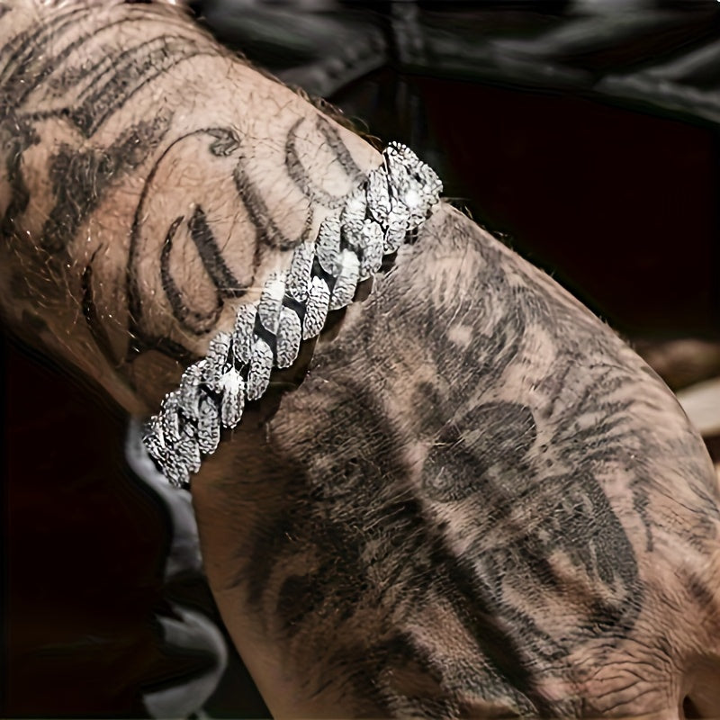 Herrenarmband | Cuban Link | Vollständig mit Strass besetzt | Goldfarbene Zinklegierung