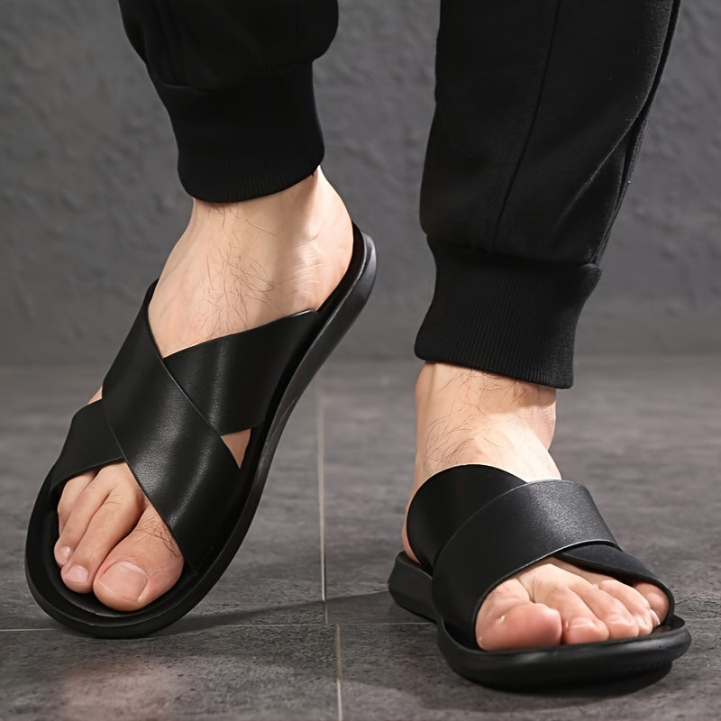 Herren Hausschuhe | Offene Zehe Kreuzriemen | PU & rutschfeste Gummisohle | Leichter Sommerschuh