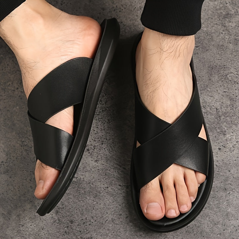 Herren Hausschuhe | Offene Zehe Kreuzriemen | PU & rutschfeste Gummisohle | Leichter Sommerschuh