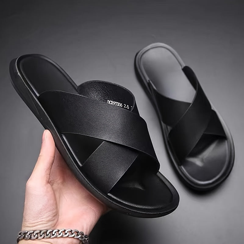 Herren Hausschuhe | Offene Zehe Kreuzriemen | PU & rutschfeste Gummisohle | Leichter Sommerschuh