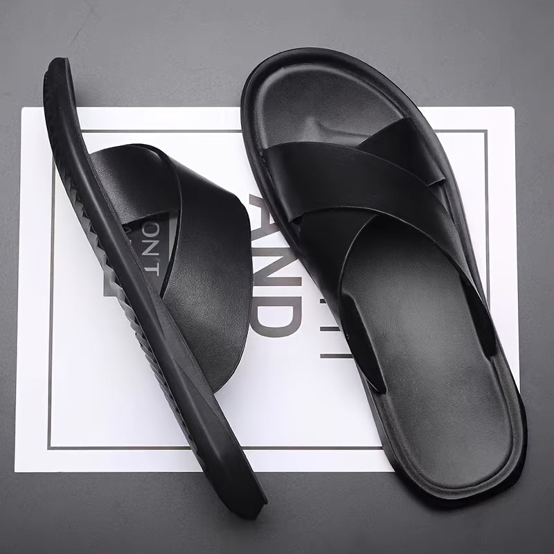 Herren Hausschuhe | Offene Zehe Kreuzriemen | PU & rutschfeste Gummisohle | Leichter Sommerschuh