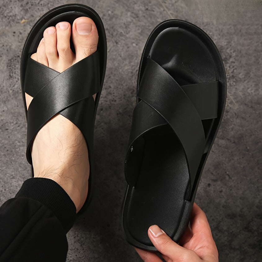 Herren Hausschuhe | Offene Zehe Kreuzriemen | PU & rutschfeste Gummisohle | Leichter Sommerschuh