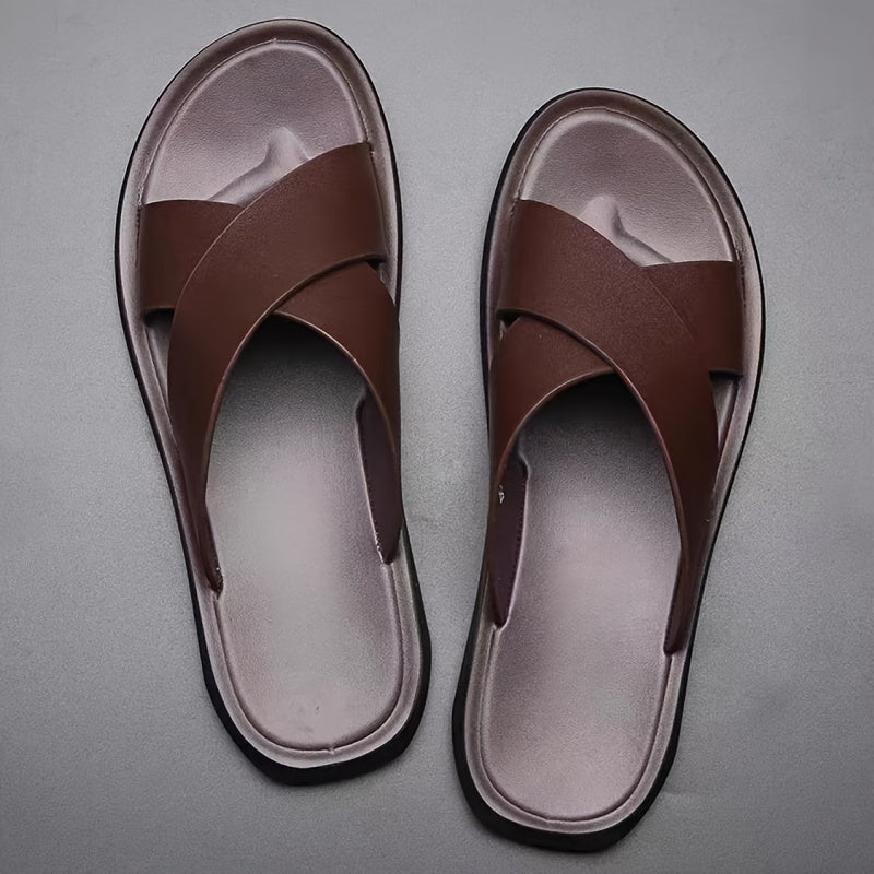Herren Hausschuhe | Offene Zehe Kreuzriemen | PU & rutschfeste Gummisohle | Leichter Sommerschuh