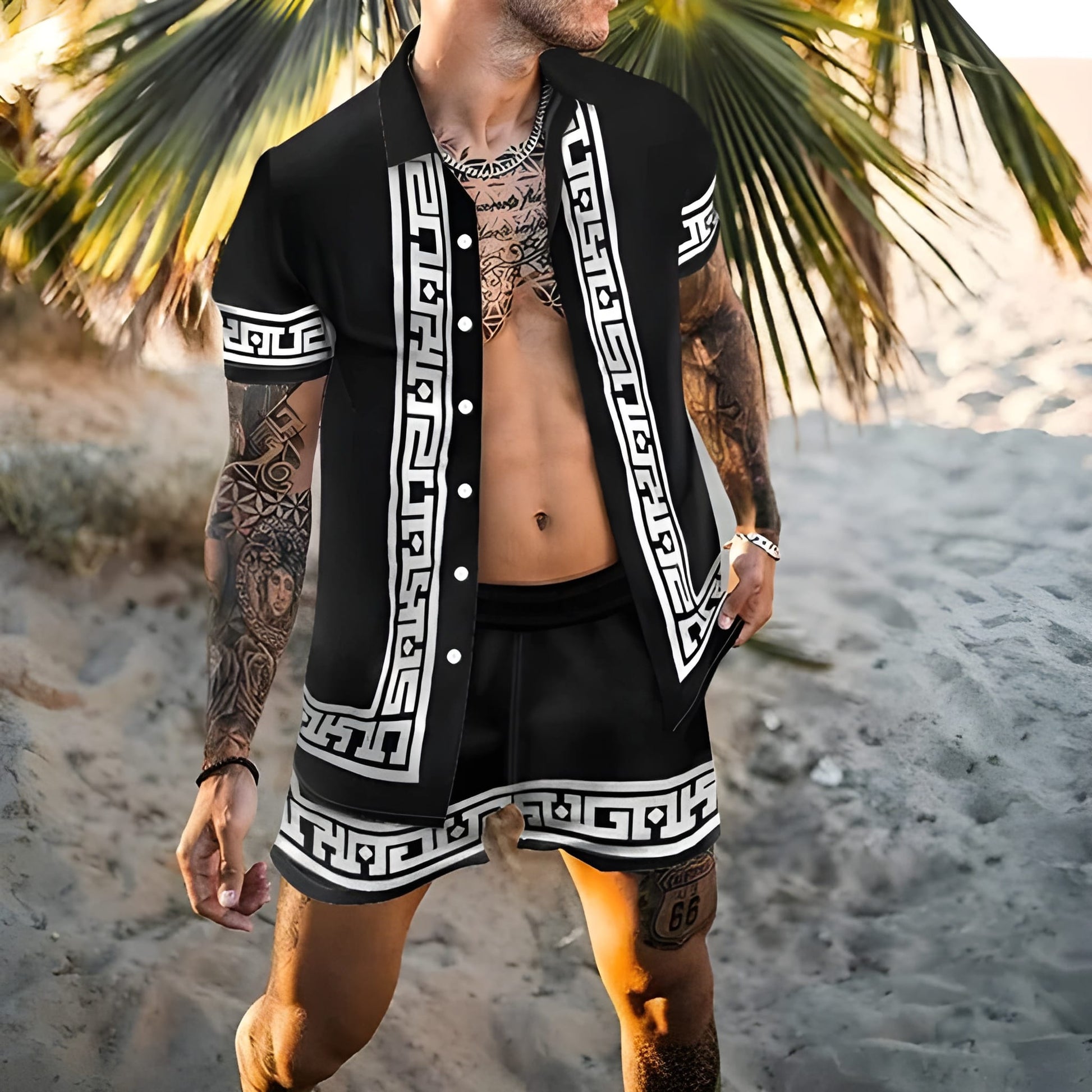 Herren-Sommer-Set | Hawaii-Hemd & Shorts | Zweiteiliges Strand-Set | Button-down & Druck