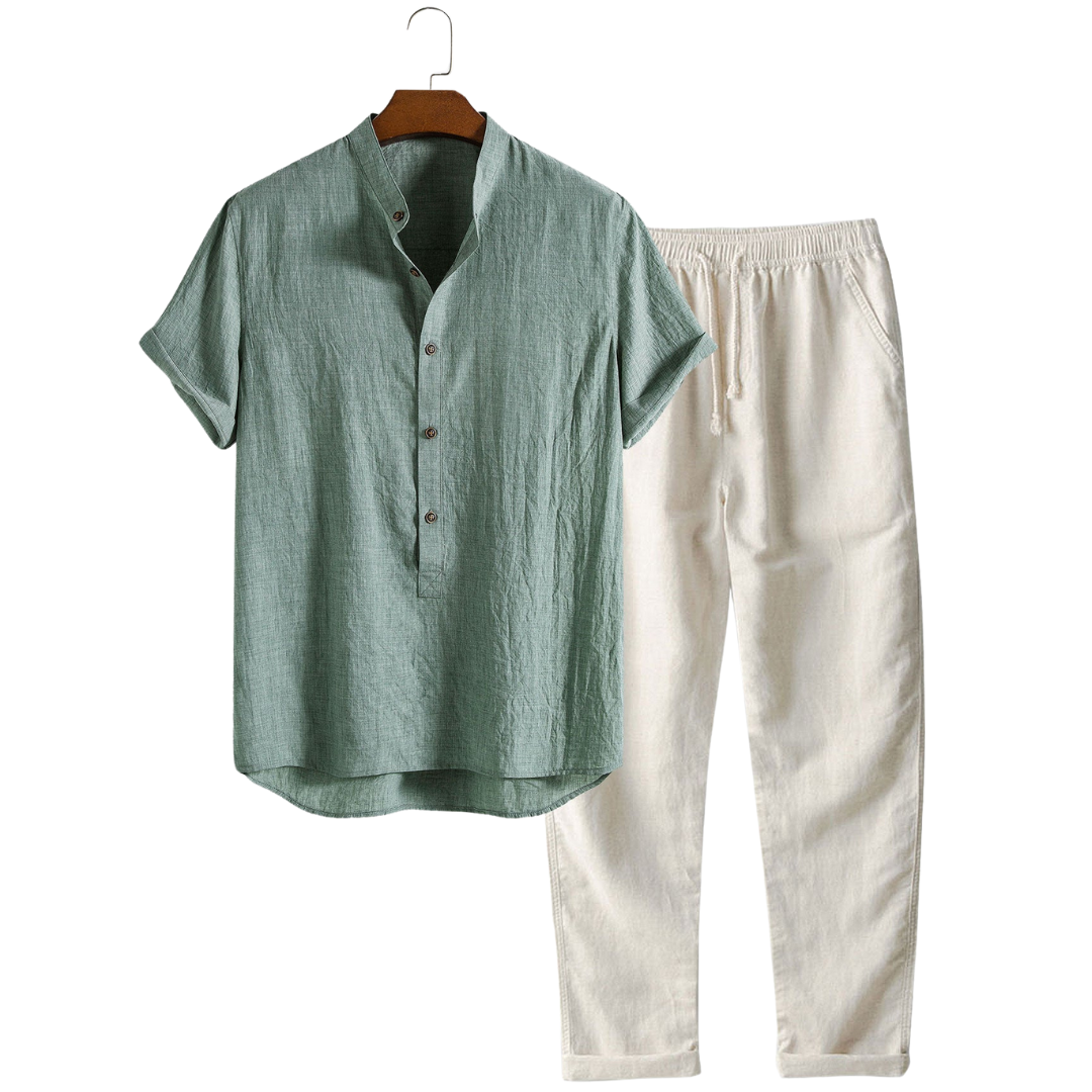 Herren-Set | Kurzarm-Shirt & Hose | Atmungsaktiv & lässig | Leinenmischung & Baumwolle
