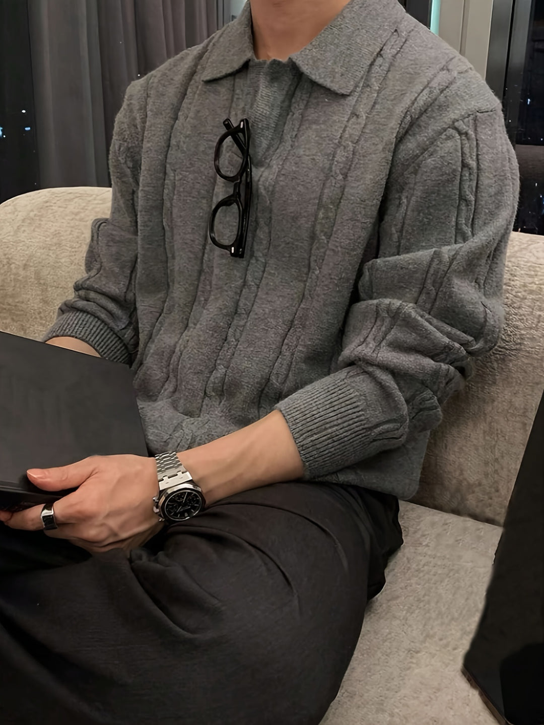 Stylischer und warmer Herren-Zopfstrickpullover mit Polokragen für Herbst und Winter | Nathan