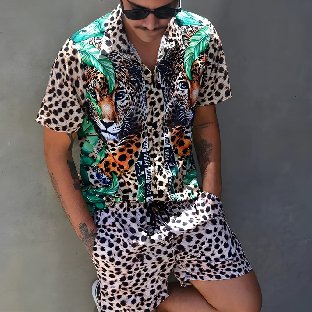 Herren-Sommer-Set | Hawaii-Hemd & Shorts | Zweiteiliges Strand-Set | Button-down & Druck