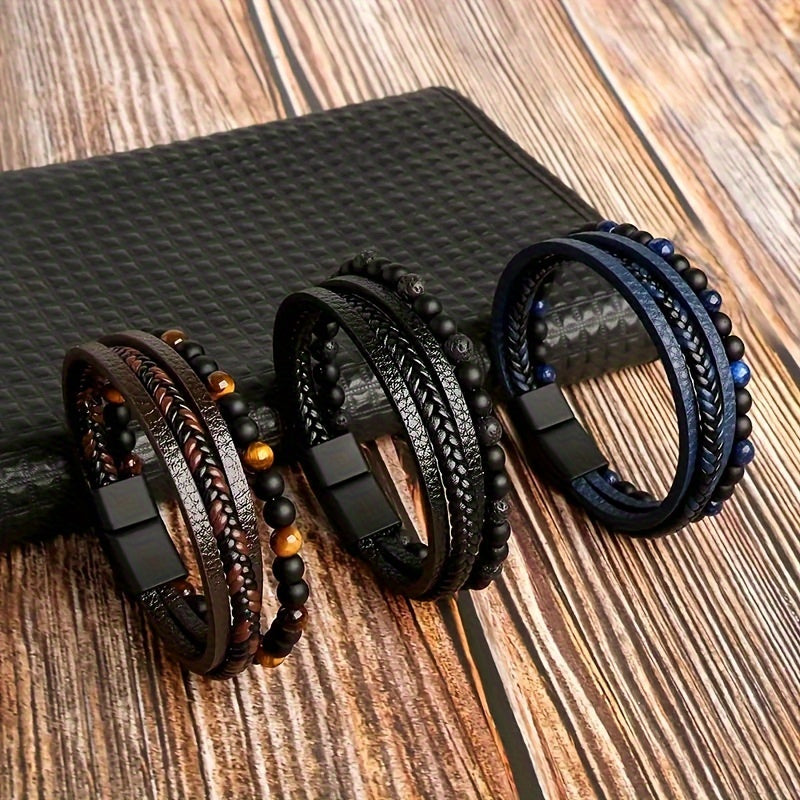 Herrenarmband | Geflochtenes Kunstleder | Tigeraugenperlen | Modisch & mehrschichtig