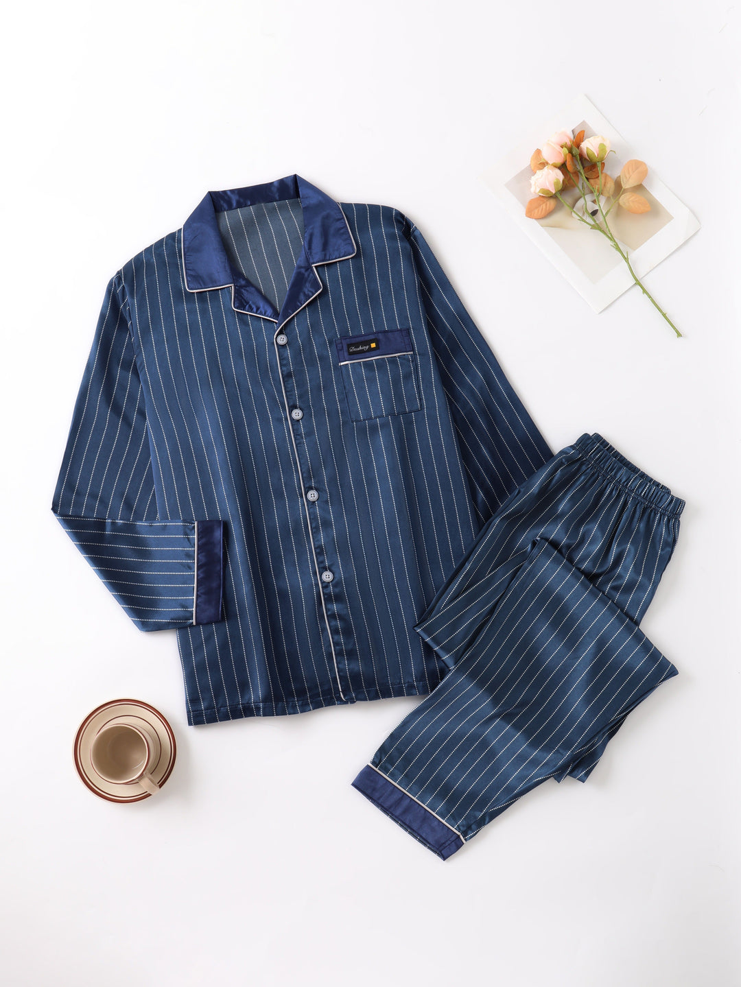 Herren-Pyjama-Set | Satin gestreift | Bequeme & luxuriöse Nachtwäsche | Lange Ärmel