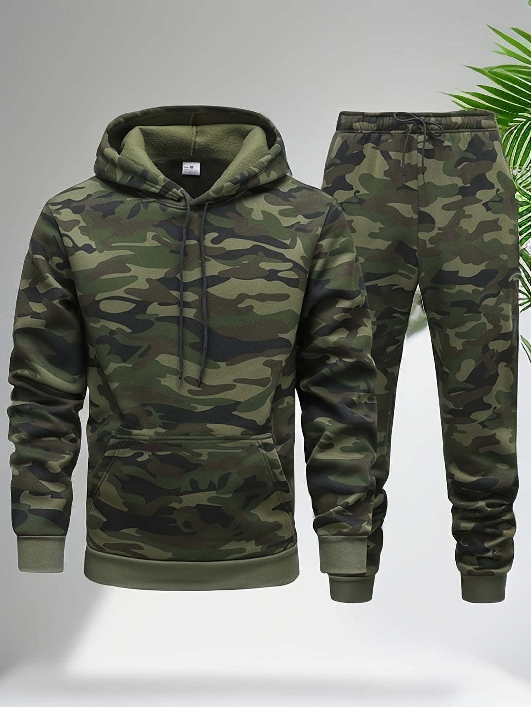 Herren Camouflage Kapuzenpulli und Sportanzug | Gestricktes Polyester | Lange Ärmel | Kordelzug am Bund