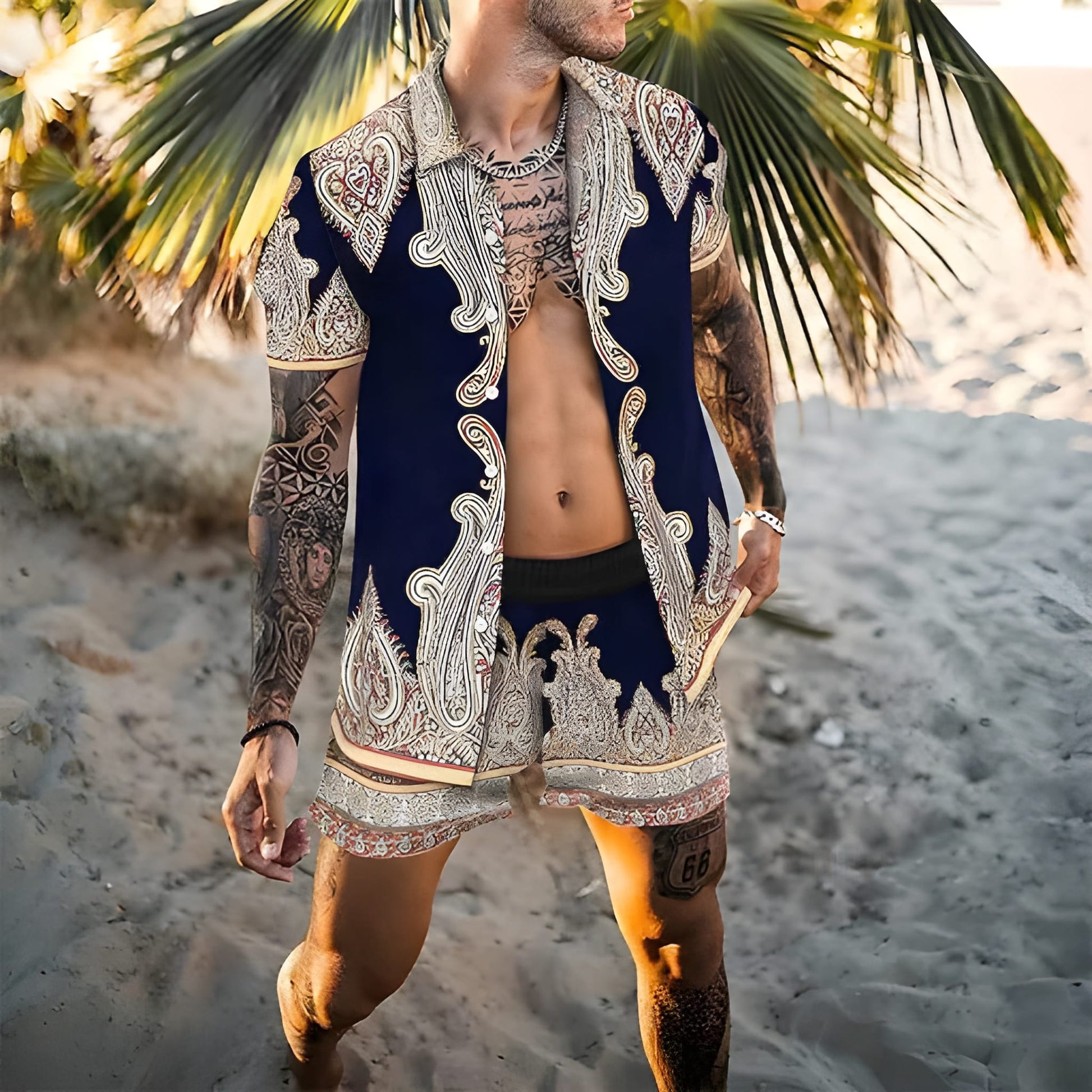 Herren-Sommer-Set | Hawaii-Hemd & Shorts | Zweiteiliges Strand-Set | Button-down & Druck