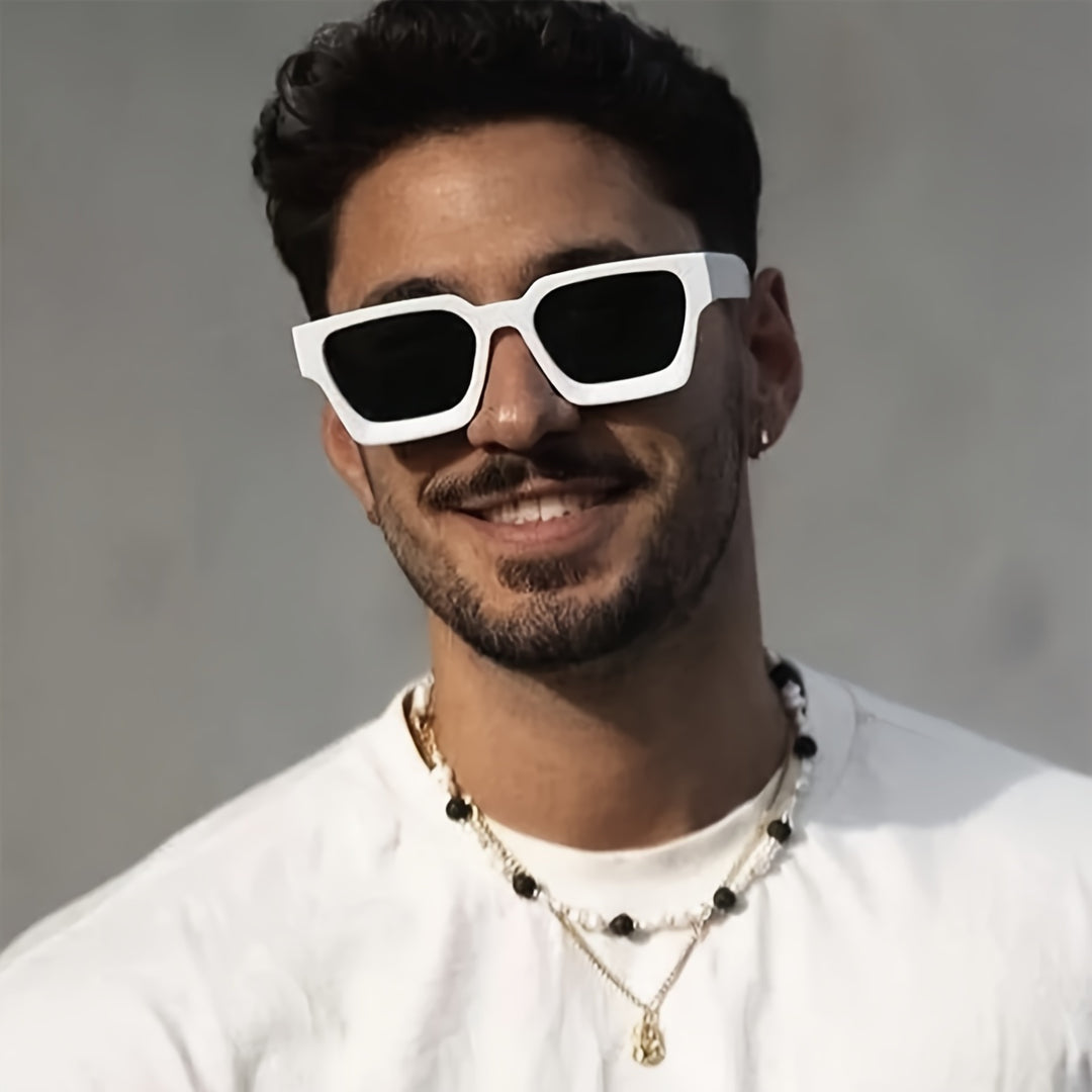Herren-Retro-Modebrille | Weißer quadratischer Rahmen mit breitem Bein | Stilvoll und entspiegelt