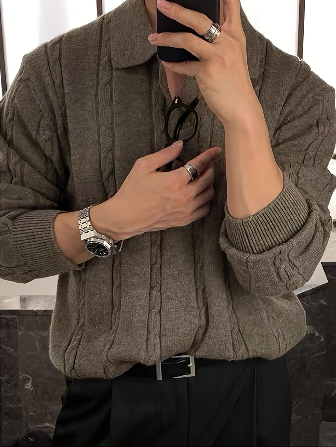 Stylischer und warmer Herren-Zopfstrickpullover mit Polokragen für Herbst und Winter | Nathan