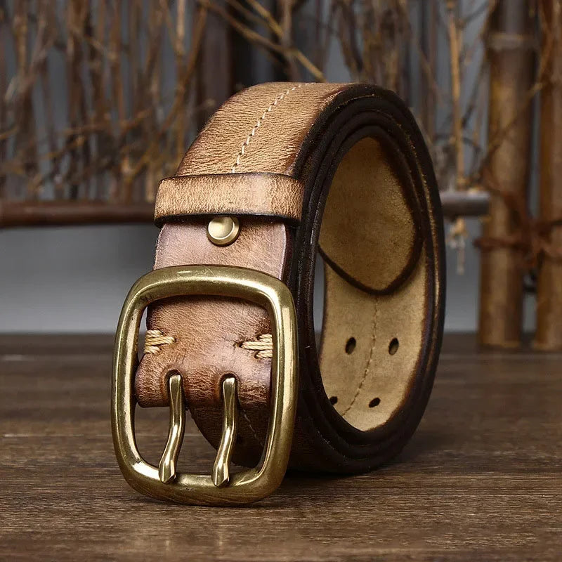 Herrengürtel | Echtes Rindsleder | Doppelte Messingschnalle | Retro & Robust
