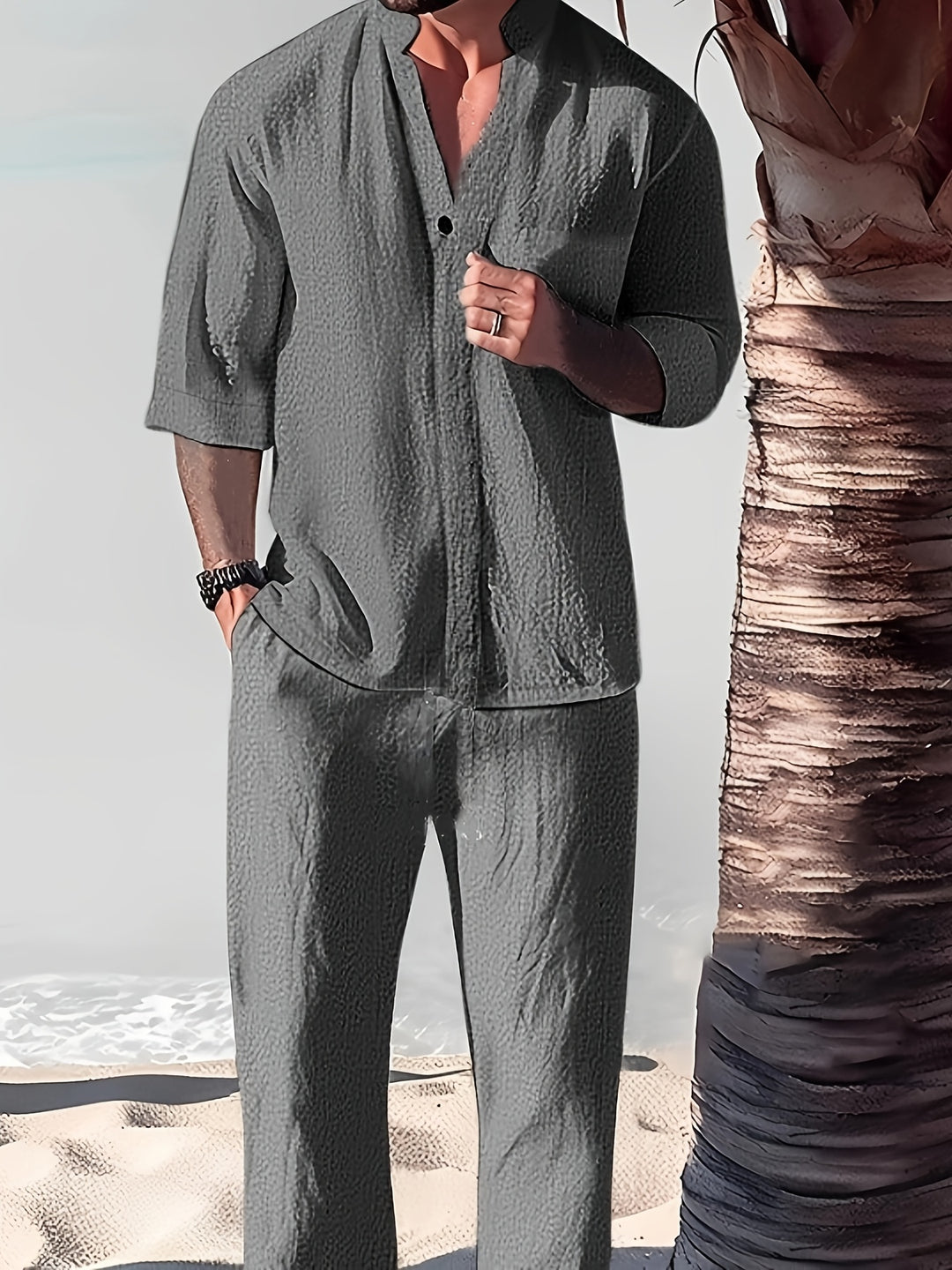 Herrenset | Stehkragen & passende Hose | Relaxed Fit | Sommer Casual