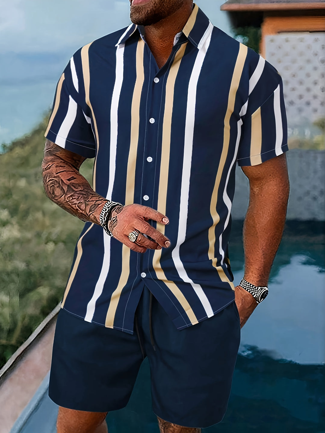 Herren-Sommer-Set | Streifendruck | Kurzarm-Shirt & Short | 2-teilig Polyester