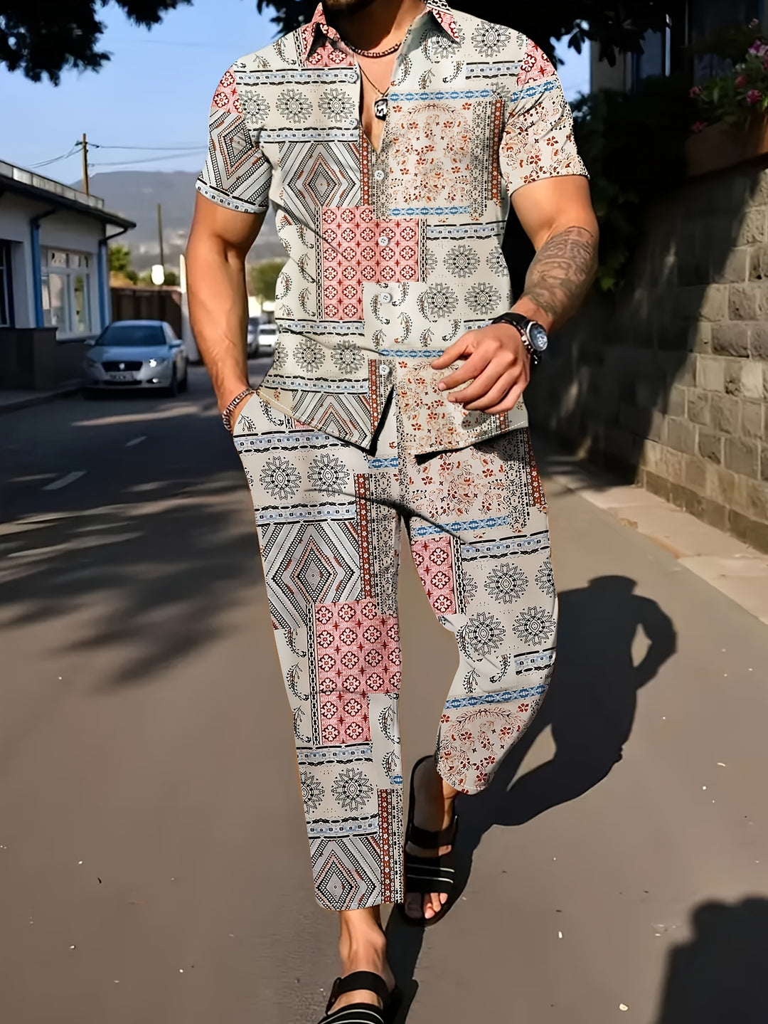 Herrenset | Geometrisches Muster 2-teiliges Set | Kurzarm-Shirt & Hose für den Sommer