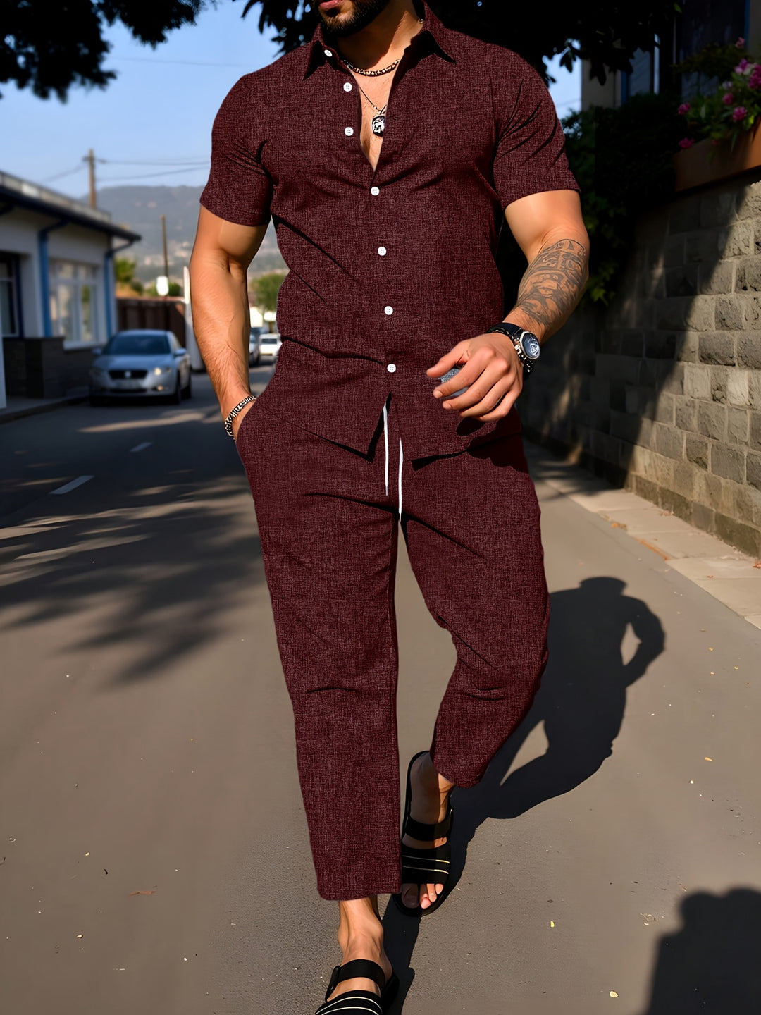 Herrenset | Unifarbenes Hemd mit Revers & Lange Hose | Sommerliches Freizeitoutfit