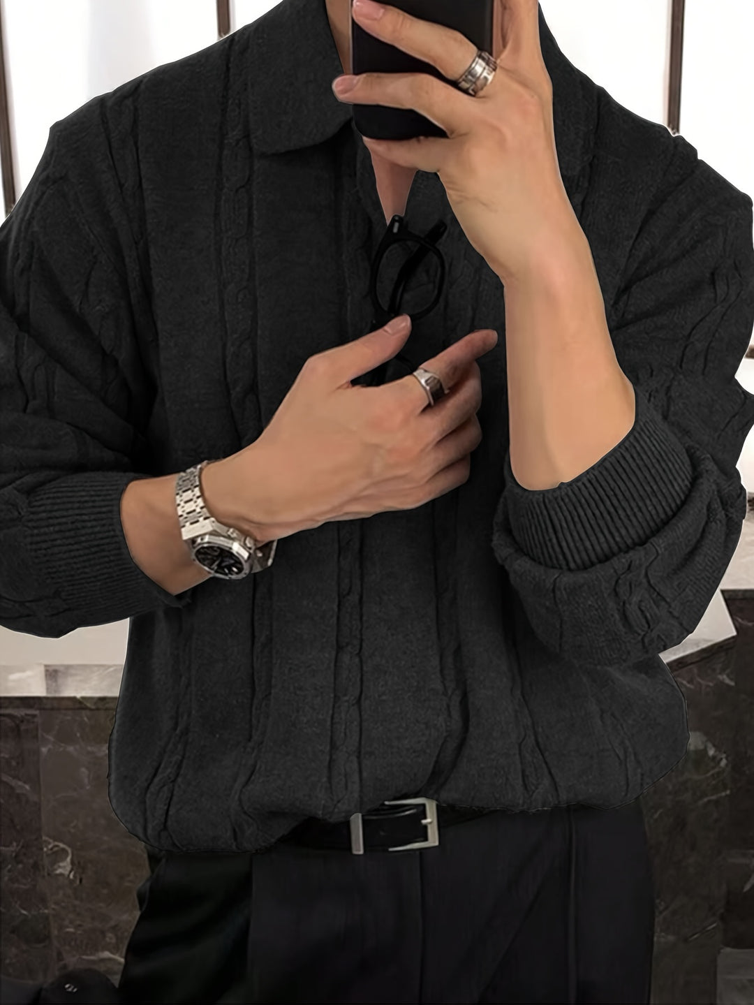 Stylischer und warmer Herren-Zopfstrickpullover mit Polokragen für Herbst und Winter | Nathan
