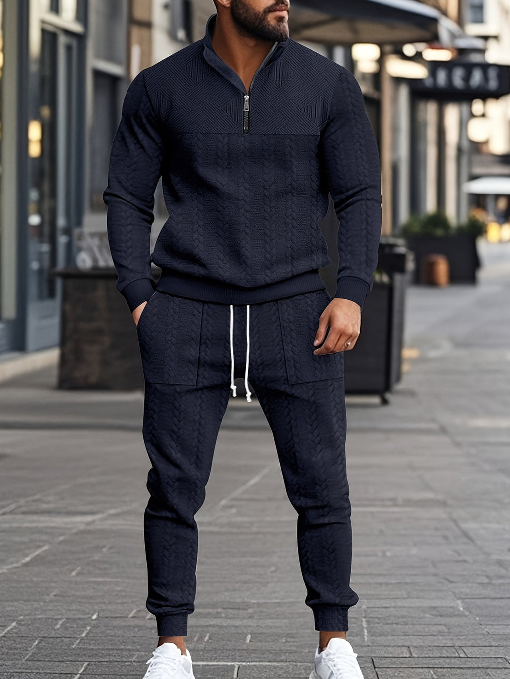 Sweatshirt & Jogginghose mit halbem Reißverschluss | Modern & vielseitig | Jacquard-Strickset für Herren