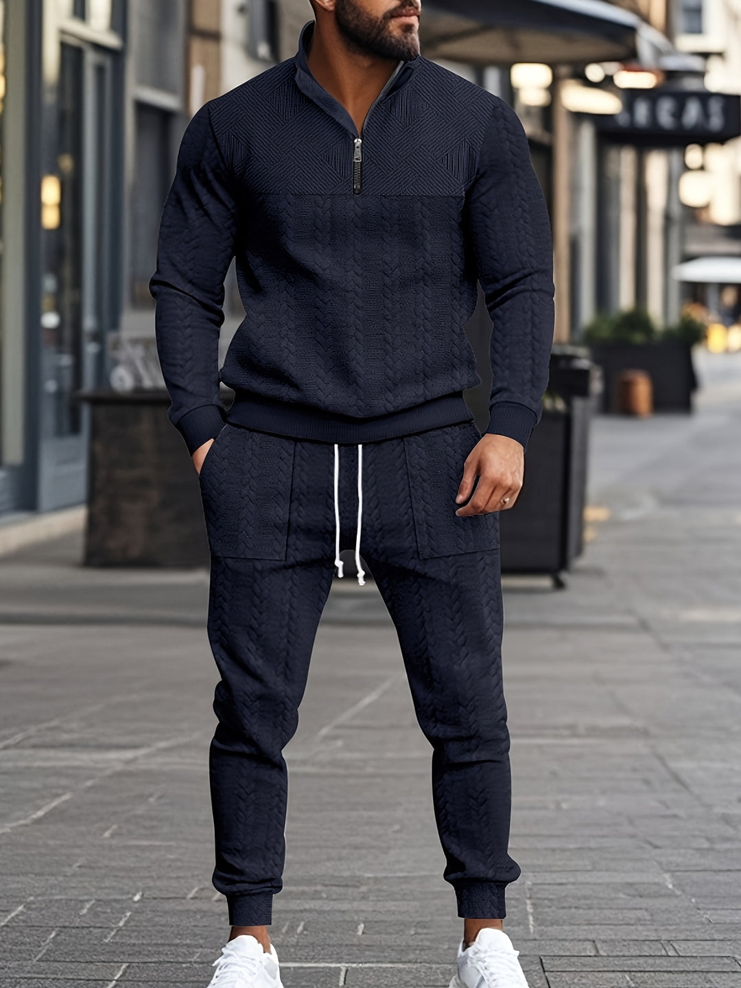 Sweatshirt & Jogginghose mit halbem Reißverschluss | Modern & vielseitig | Jacquard-Strickset für Herren