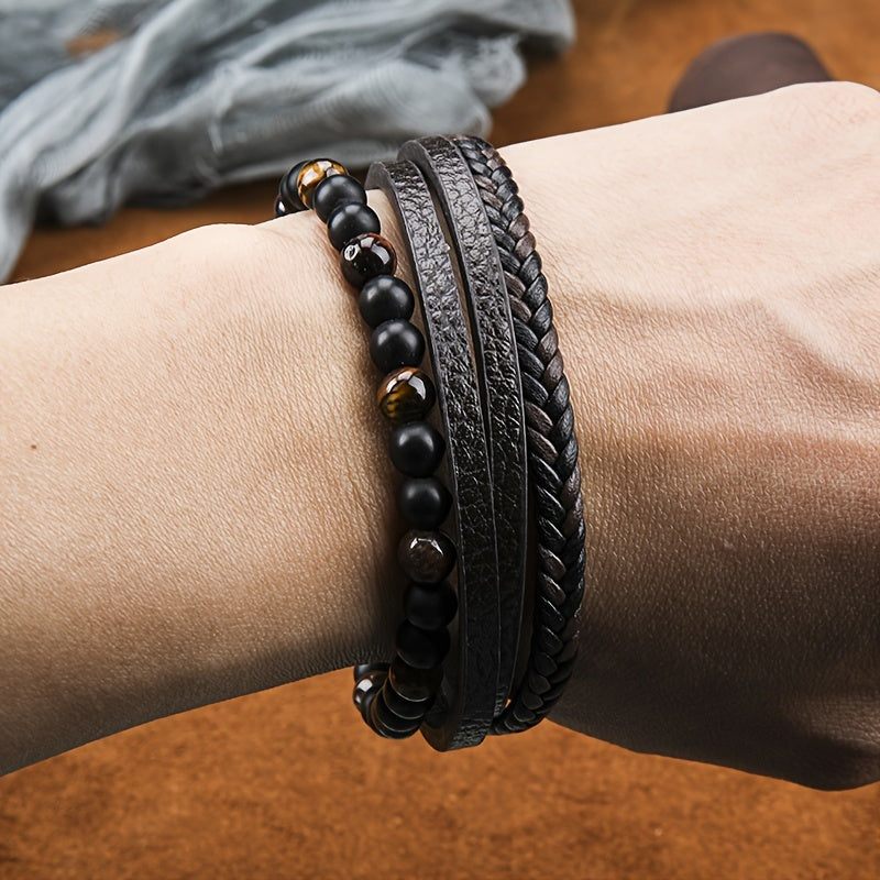 Herrenarmband | Geflochtenes Kunstleder | Tigeraugenperlen | Modisch & mehrschichtig