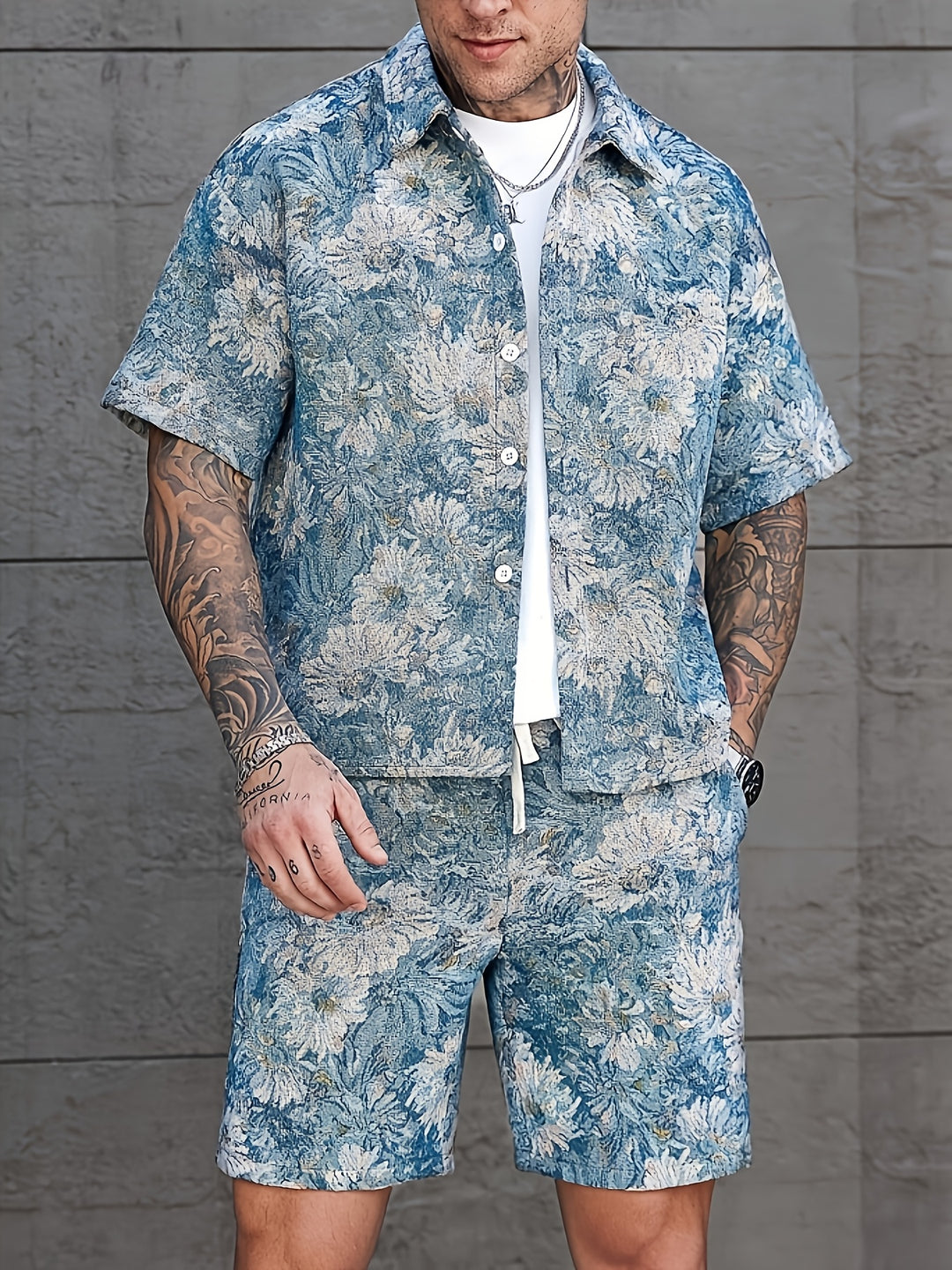 Herrenset | Hemd & Shorts mit Blumenmuster | Kurzarm & lockere Passform | Sommer Casual