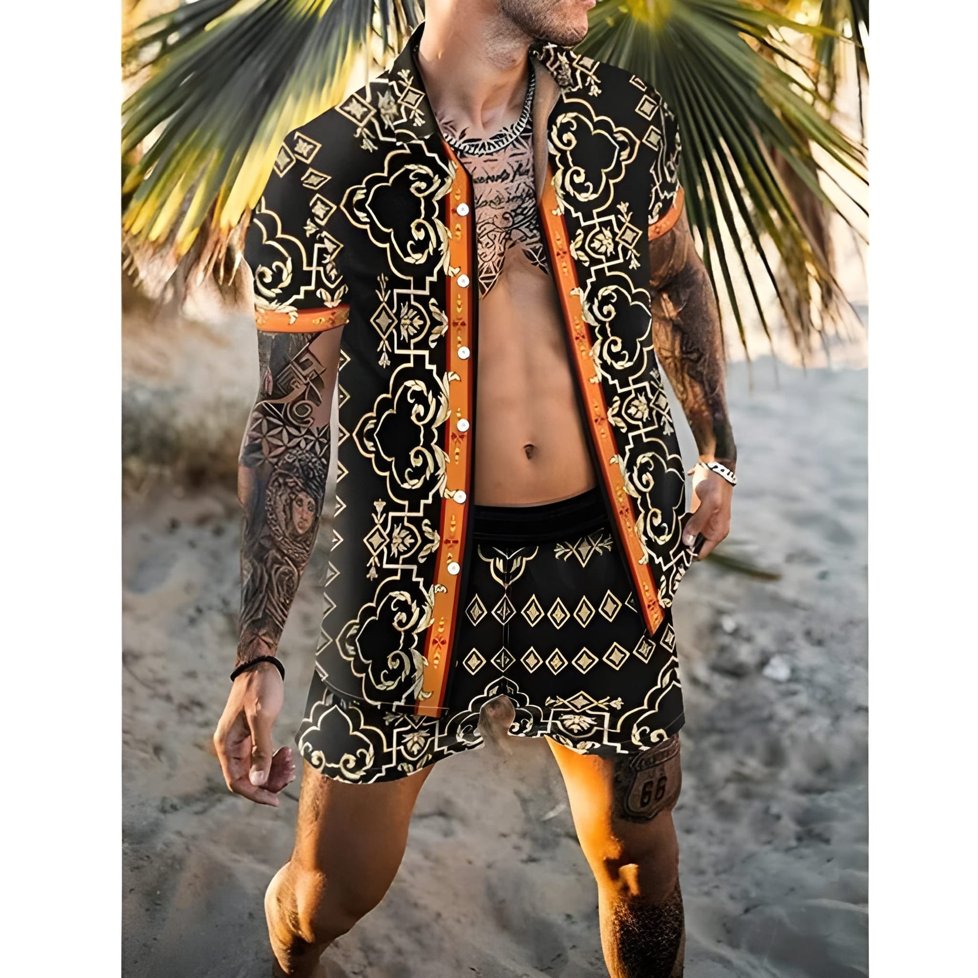 Herren-Sommer-Set | Hawaii-Hemd & Shorts | Zweiteiliges Strand-Set | Button-down & Druck