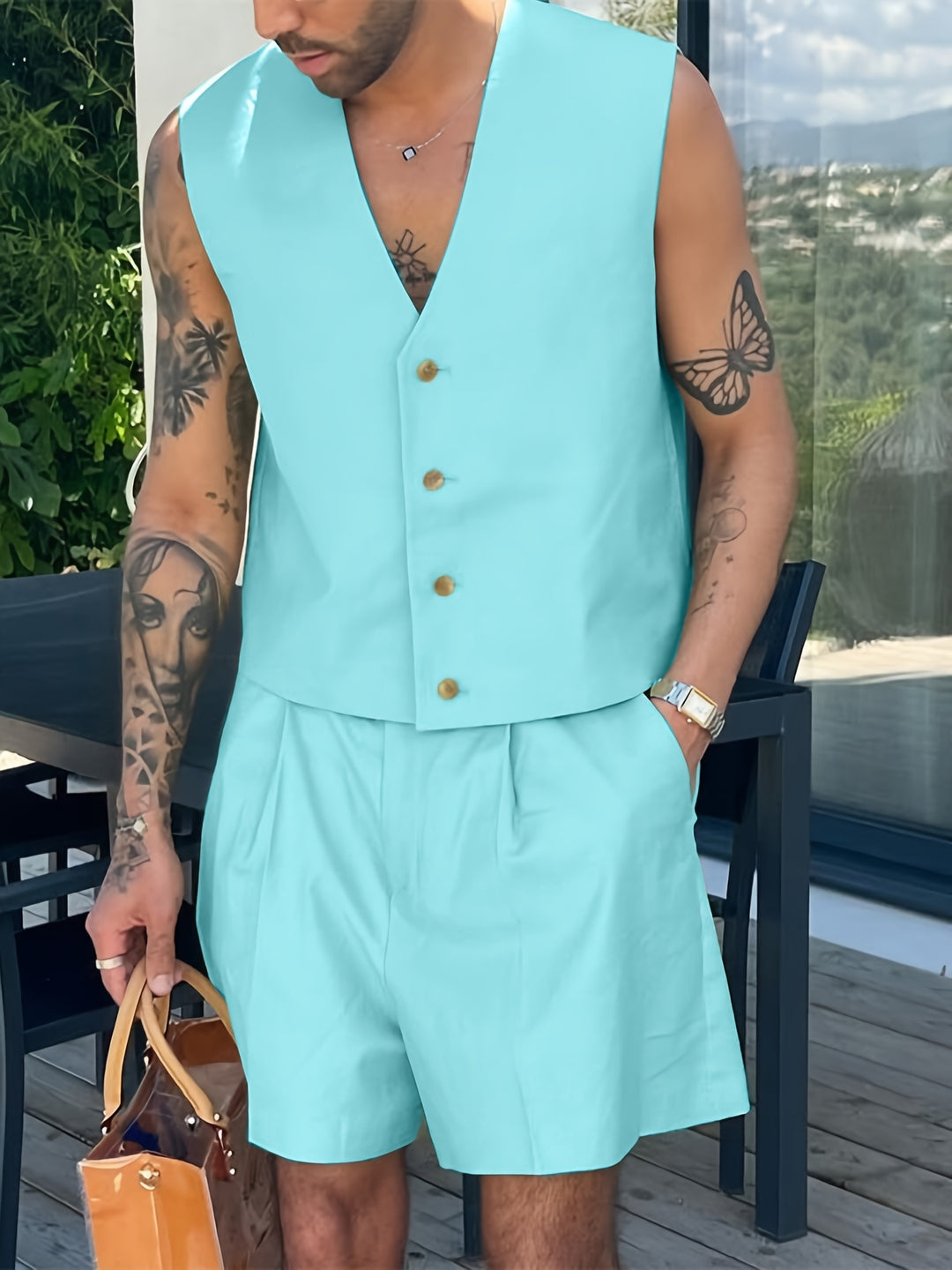 Herrenset | Ärmellose Weste mit V-Ausschnitt & Zip Shorts | Einreihiges Design & geknotete Taille | Sommerstil