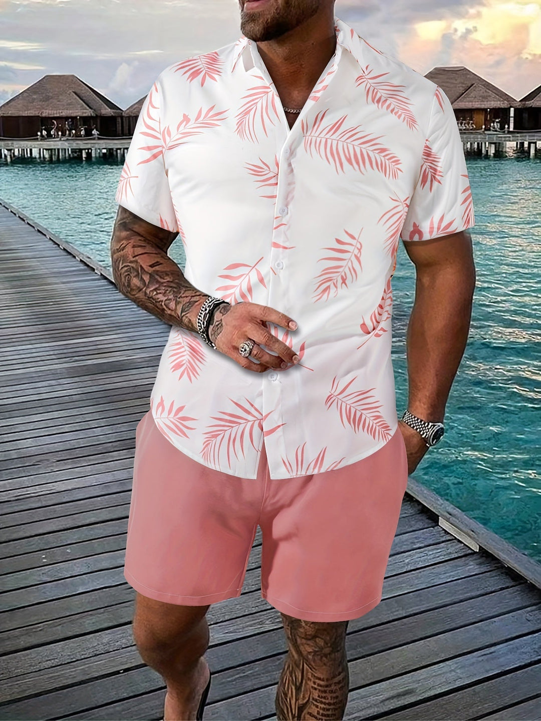 Herren Sommer Set | Hemd mit Blattdruck & Short | Einzigartiges Design | Zweiteilig