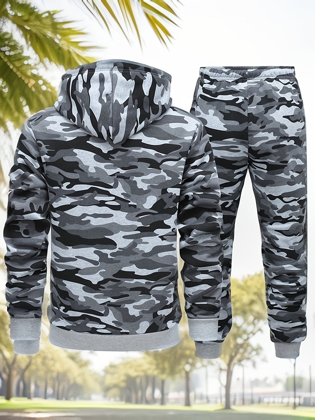 Herren Camouflage Kapuzenpulli und Sportanzug | Gestricktes Polyester | Lange Ärmel | Kordelzug am Bund