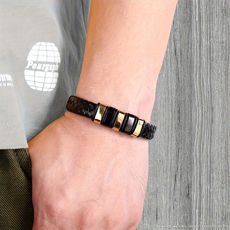 Herrenarmband | Schwarzes Kunstleder & Magnetverschluss | Modisch & Bequem | Legierung