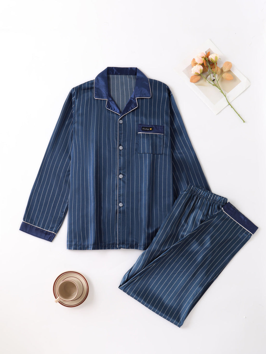 Herren-Pyjama-Set | Satin gestreift | Bequeme & luxuriöse Nachtwäsche | Lange Ärmel