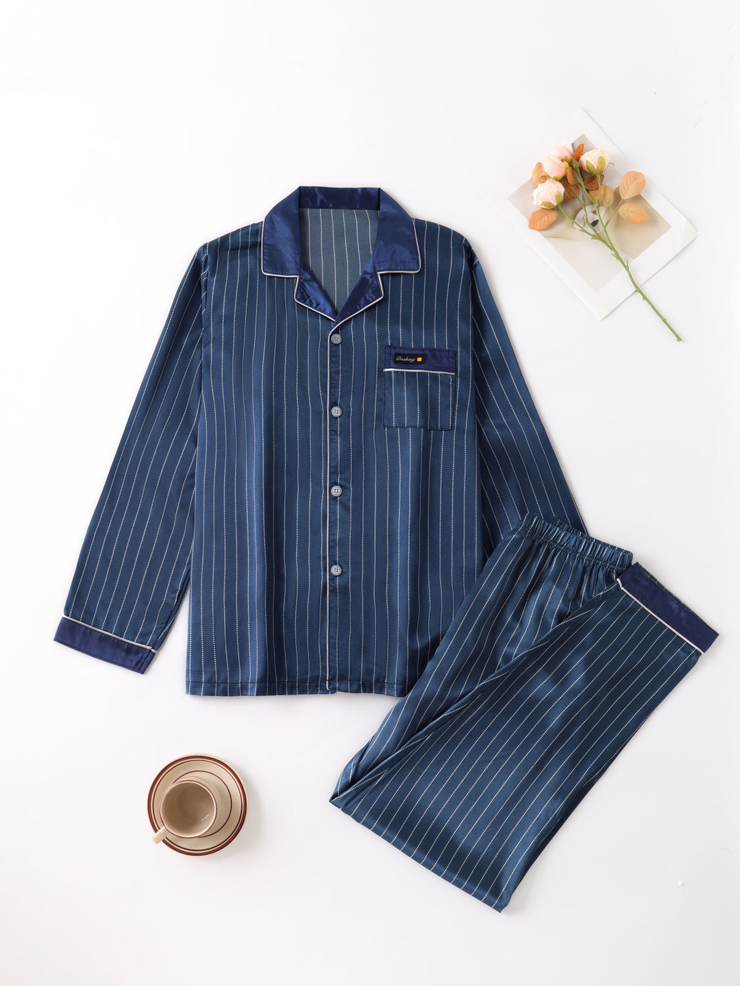 Herren-Pyjama-Set | Satin gestreift | Bequeme & luxuriöse Nachtwäsche | Lange Ärmel
