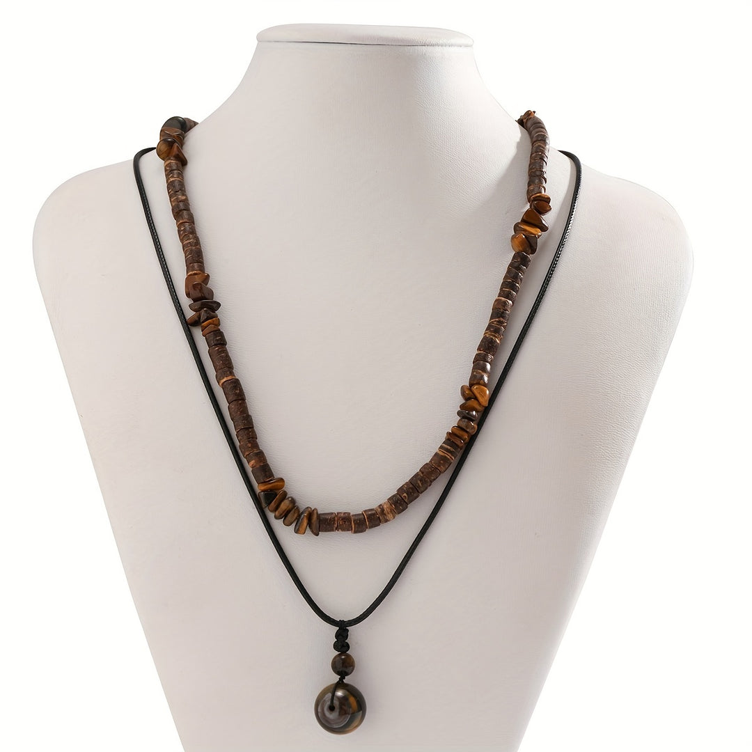 Herren-Halsketten-Set | Bohemian Style | Kokosnuss, Muschel & Stein-Anhänger