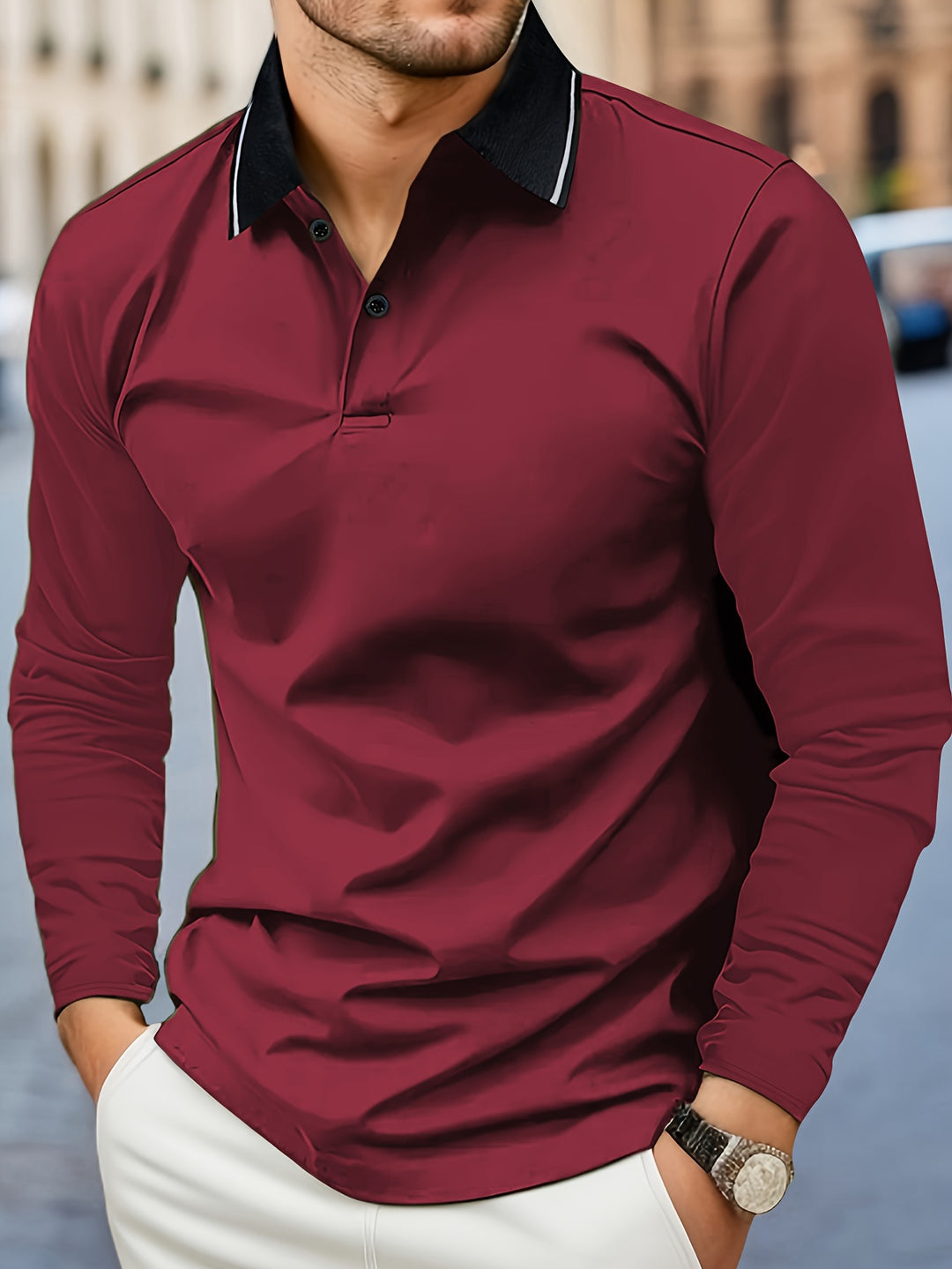Herren-Polo | V-Ausschnitt & lange Ärmel | Casual Look | Frühling & Sommer
