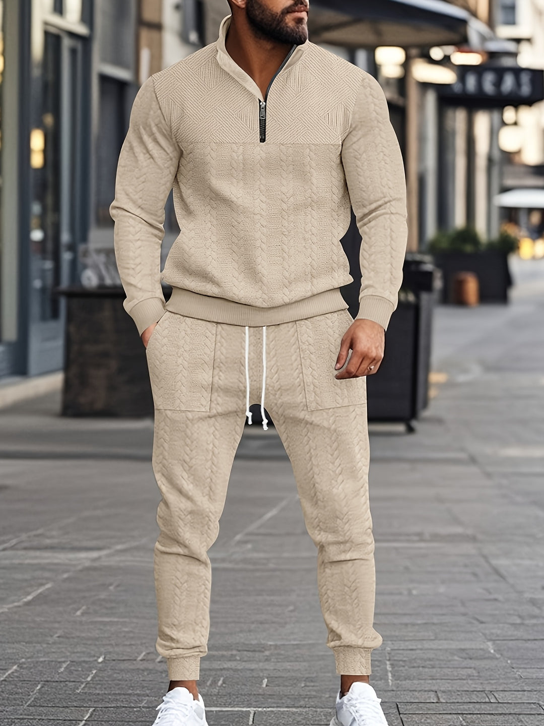 Sweatshirt & Jogginghose mit halbem Reißverschluss | Modern & vielseitig | Jacquard-Strickset für Herren