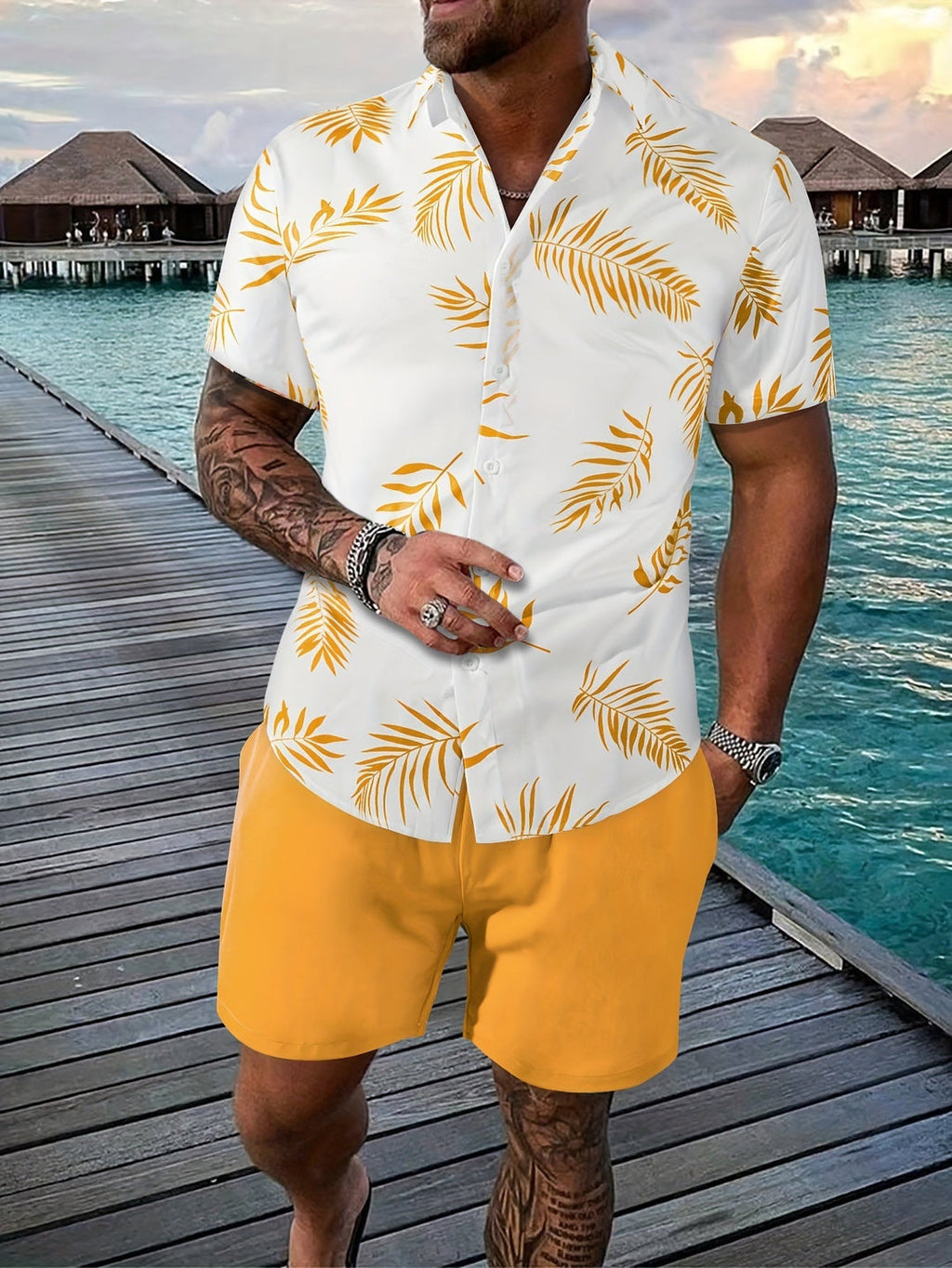 Herren Sommer Set | Hemd mit Blattdruck & Short | Einzigartiges Design | Zweiteilig