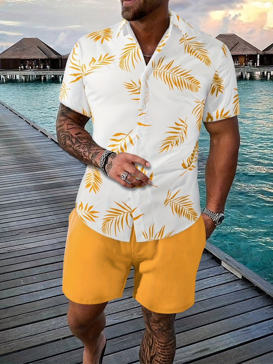 Herren Sommer Set | Hemd mit Blattdruck & Short | Einzigartiges Design | Zweiteilig