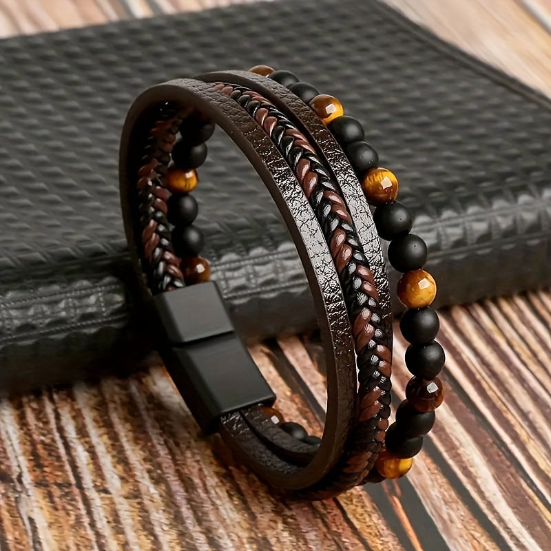 Herrenarmband | Geflochtenes Kunstleder | Tigeraugenperlen | Modisch & mehrschichtig