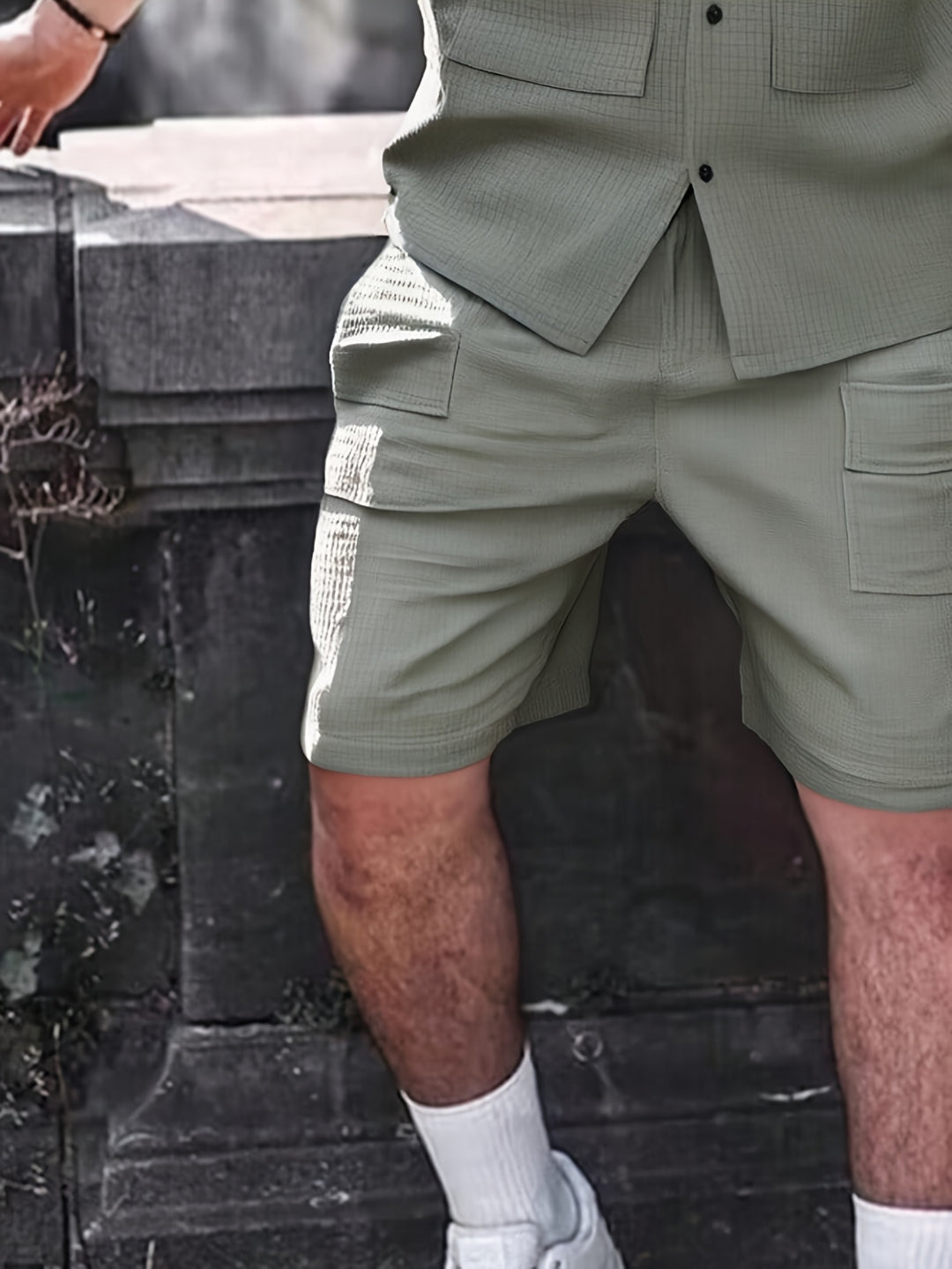 Herrenset | Lässiges Hemd & Shorts mit Seitentaschen | Lockere Passform & Polyester | Sommer