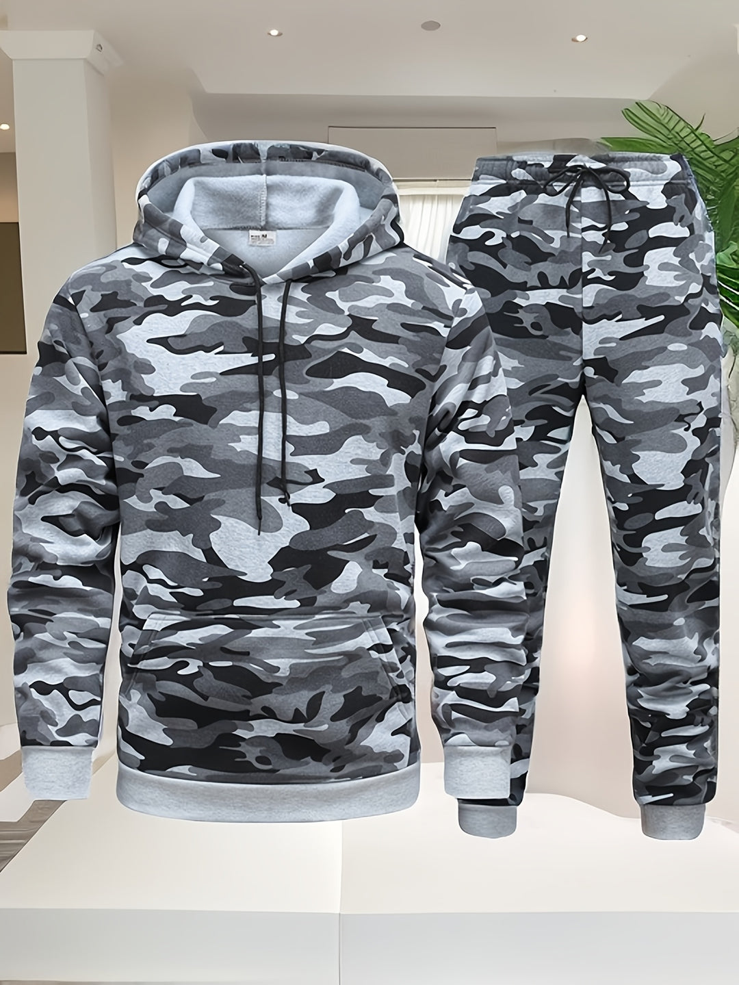 Herren Camouflage Kapuzenpulli und Sportanzug | Gestricktes Polyester | Lange Ärmel | Kordelzug am Bund