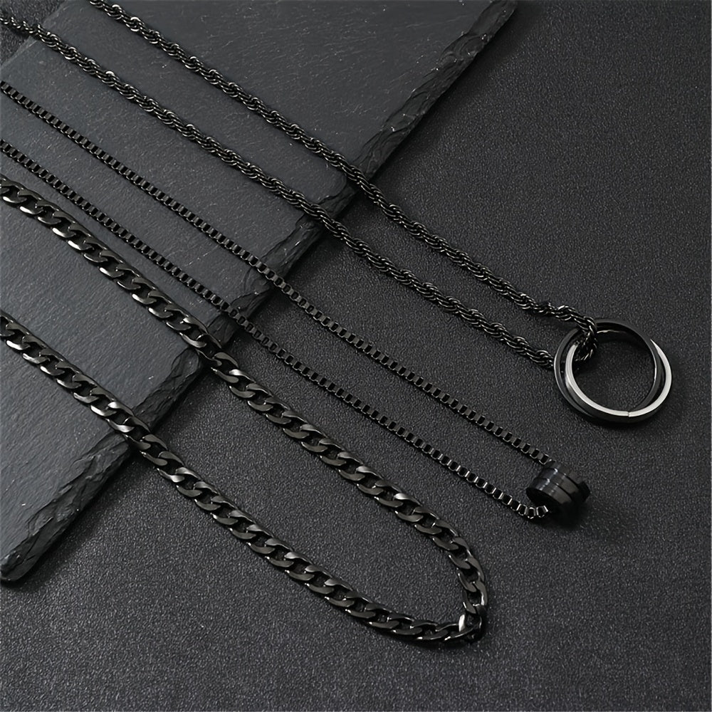 Herren-Halsketten-Set | 3-teilig aus Edelstahl | Schwarzer Cuban Link