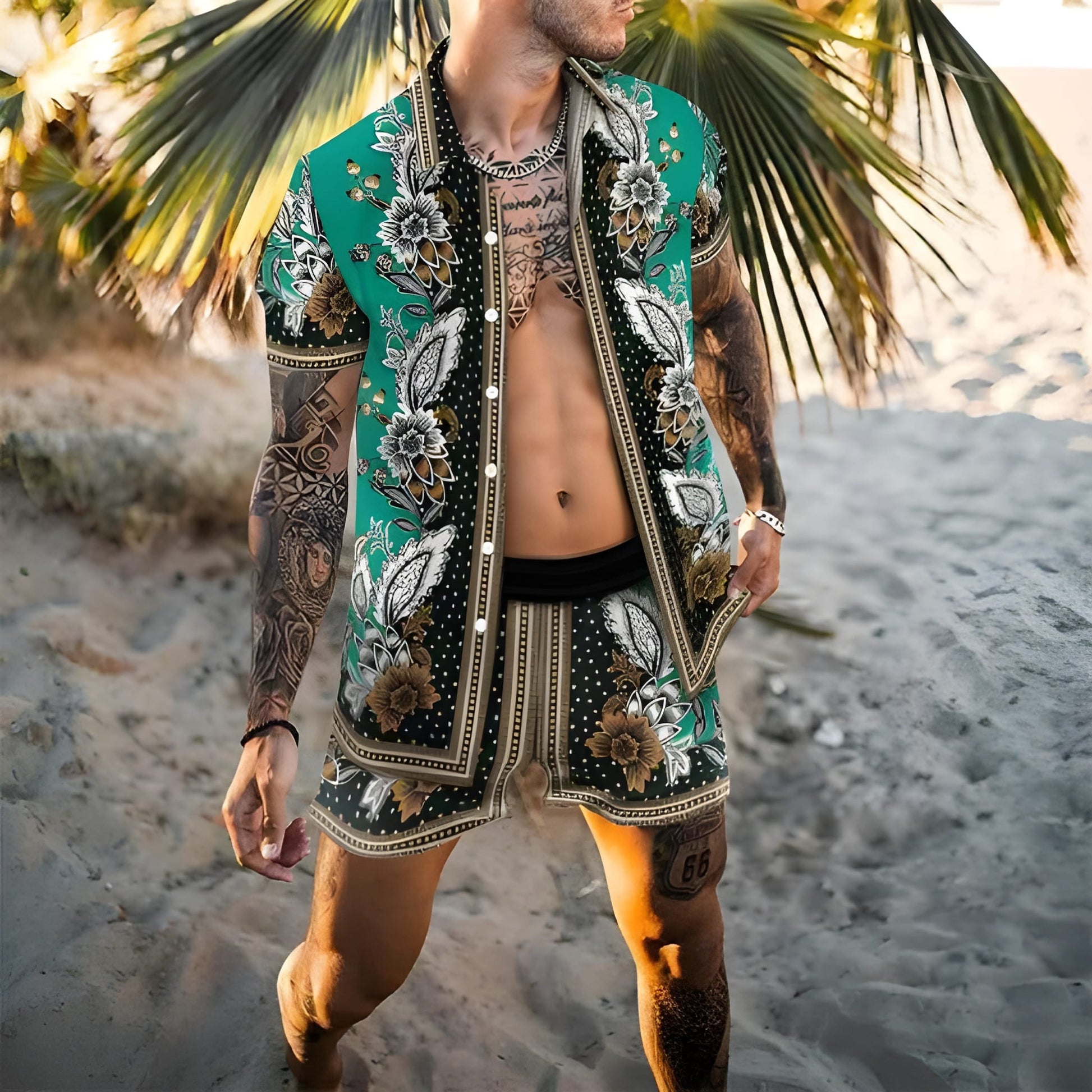Herren-Sommer-Set | Hawaii-Hemd & Shorts | Zweiteiliges Strand-Set | Button-down & Druck