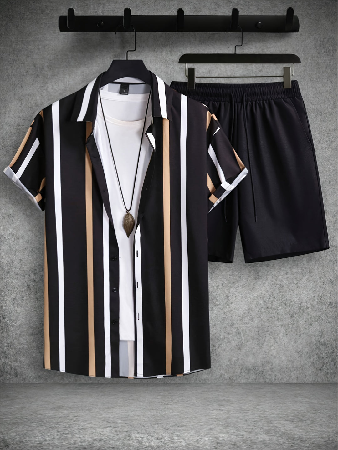 Herren-Sommer-Set | Streifendruck | Kurzarm-Shirt & Short | 2-teilig Polyester