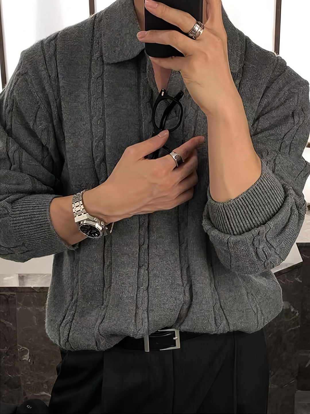 Stylischer und warmer Herren-Zopfstrickpullover mit Polokragen für Herbst und Winter | Nathan