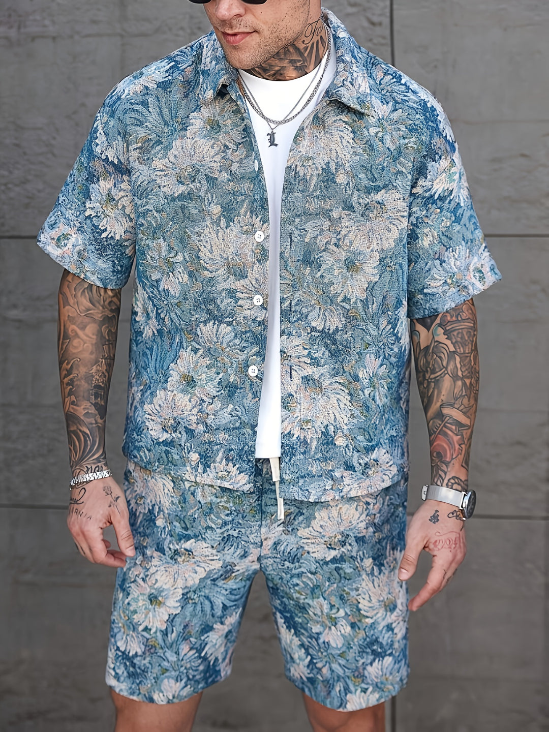 Herrenset | Hemd & Shorts mit Blumenmuster | Kurzarm & lockere Passform | Sommer Casual